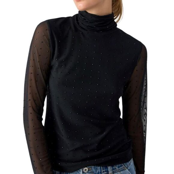 Sanctuary Highlight of the Night Black Mesh Rhinestone Turtleneck Top Size L - Picture 1 of 10